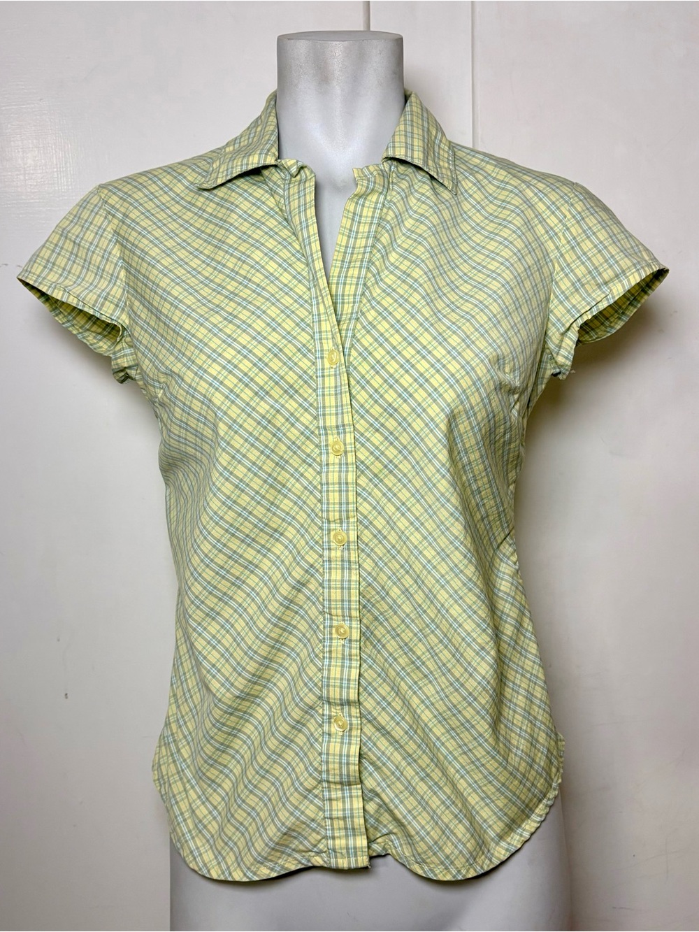 Vintage 90s Arizona Jeans Yellow Plaid Cap Sleeve Fitted Button Up Top